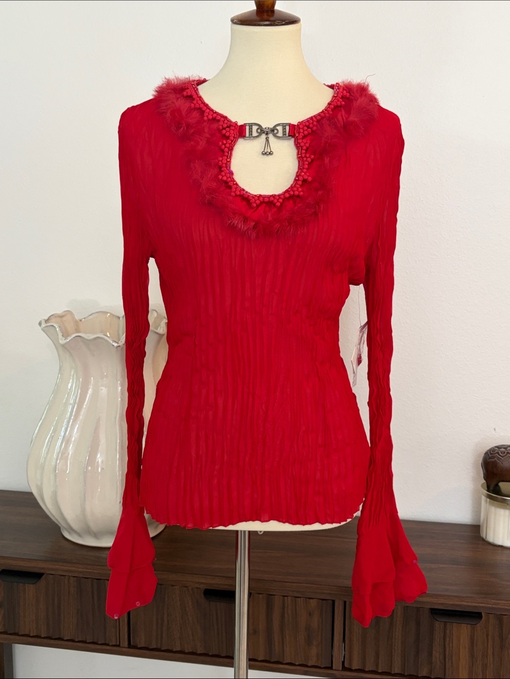 Red Pleated‎ Long-Sleeve Blouse with Decorative Neck Accents